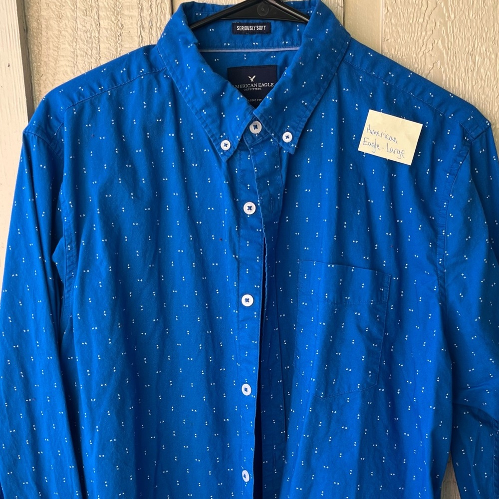 American Eagle Outfitters Men's Bright Blue Button-Down Shirt